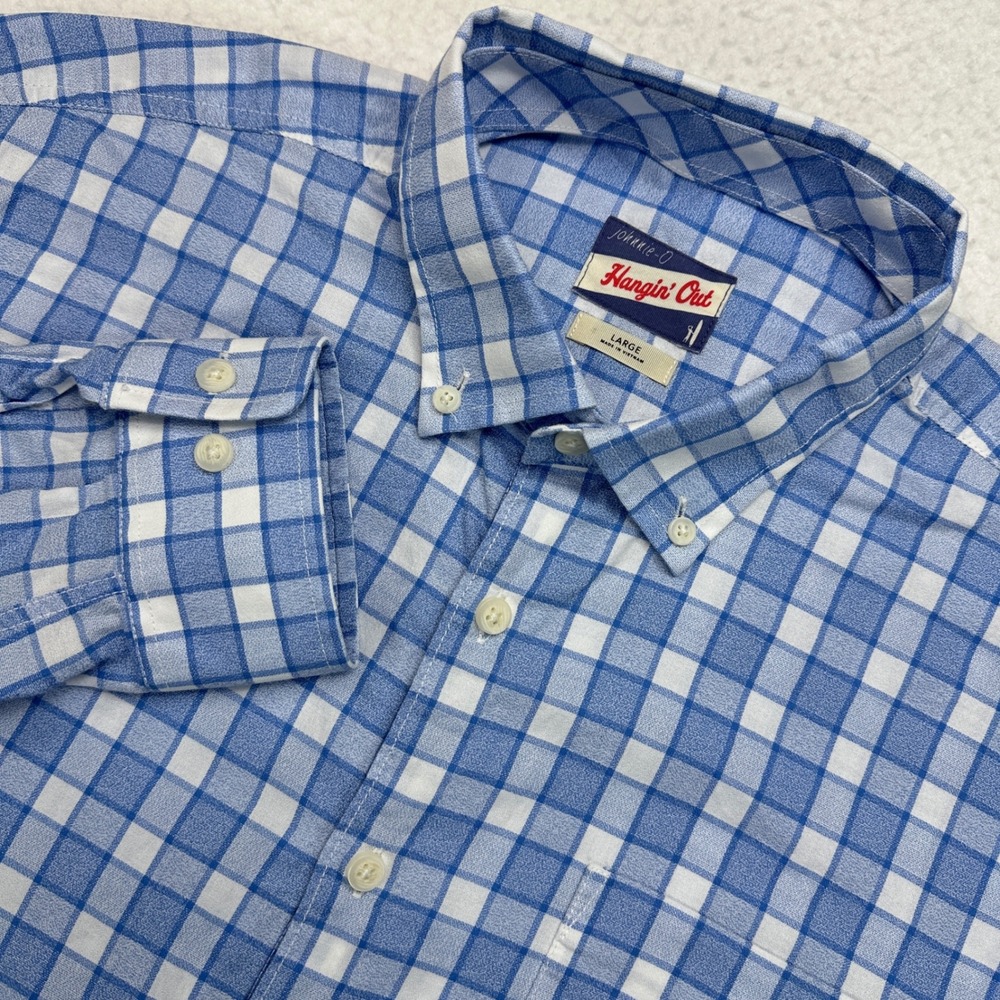 Johnnie-O Hangin Out Mens Large Laguna Blue Shelley Check Button Down Shirt